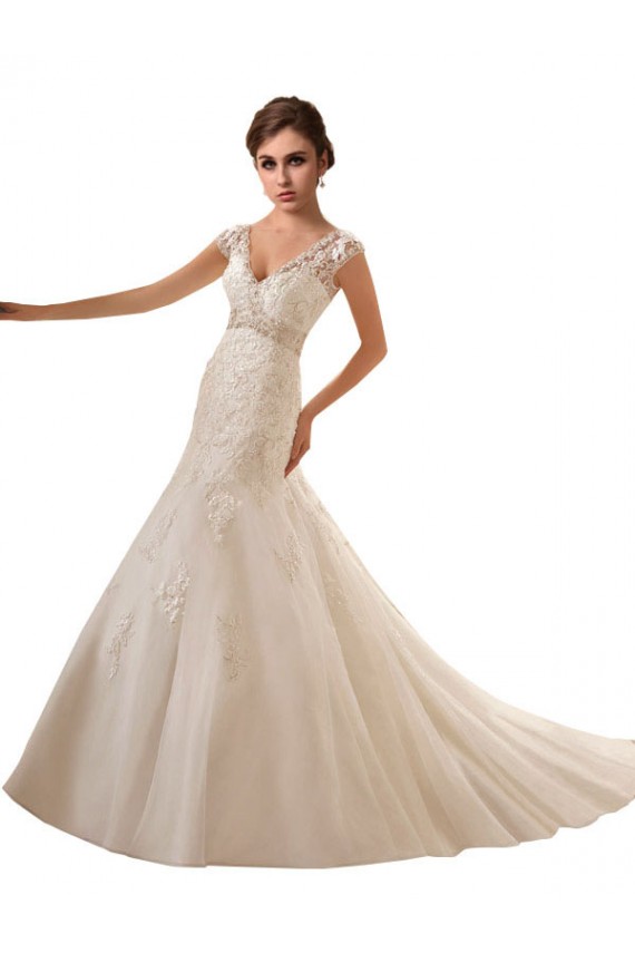 Magasins de Ivoire Trapèze Col V Tulle Dentelle Robes de mariée