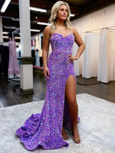 Magasins de Lavande Trapèze Traîne moyenne Paillettes Velours Longue Robes de bal