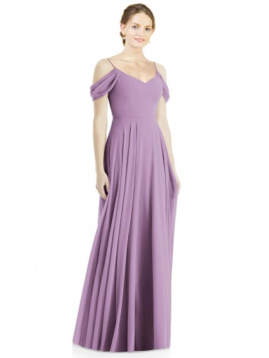 Magasins de Lavande foncée Trapèze Épaule Dénudée Bretelles spaghetti Mousseline Longue Robes demoiselle d'honneur