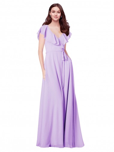 Magasins de Lilas Trapèze Col V Mousseline Longue Robes demoiselle d'honneur
