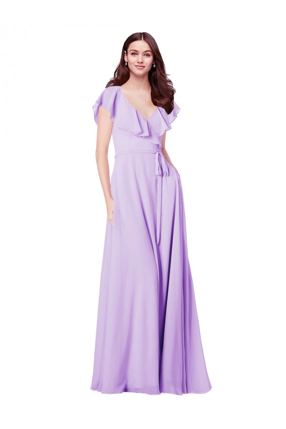 Magasins de Lilas Trapèze Col V Mousseline Longue Robes demoiselle d'honneur