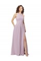 Magasins de Lueur rose Trapèze Licou Col Haut Mousseline Longue Robes demoiselle d'honneur