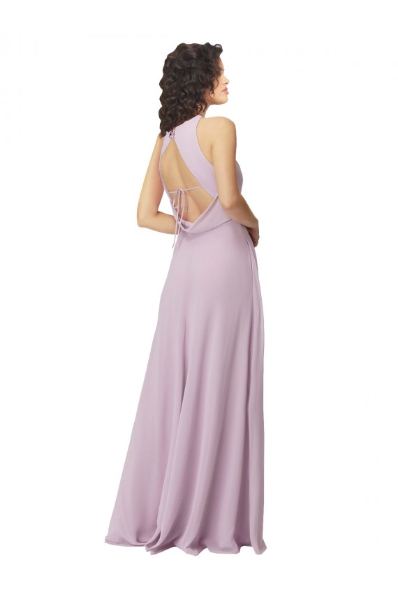 Magasins de Lueur rose Trapèze Licou Col Haut Mousseline Longue Robes demoiselle d'honneur