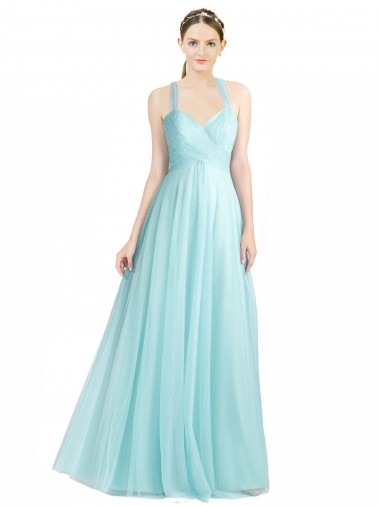 Magasins de Menthe verte Trapèze Bretelles spaghetti Tulle Longue Robes demoiselle d'honneur