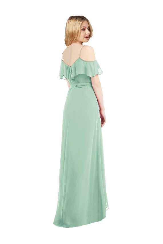 Magasins de Menthe verte Trompette Bretelles spaghetti Col V Mousseline Longue Asymétrique Robes demoiselle d'honneur