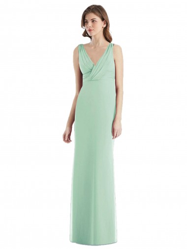Magasins de Menthe verte Trompette Col V Mousseline Longue Robes demoiselle d'honneur