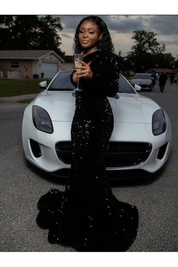 Magasins de Noir Fourreau Balayage train Paillettes Velours Longue Robes de bal