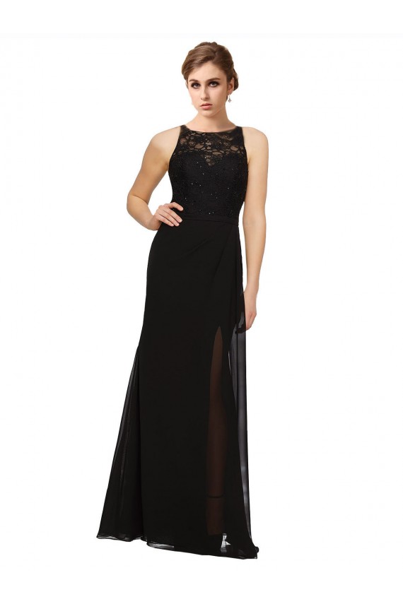 Magasins de Noir Fourreau Col Haut Mousseline Dentelle Longue Robes demoiselle d'honneur