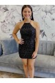 Magasins de Noir Fourreau Licou Courte Paillettes Velours Courte Robes de bal