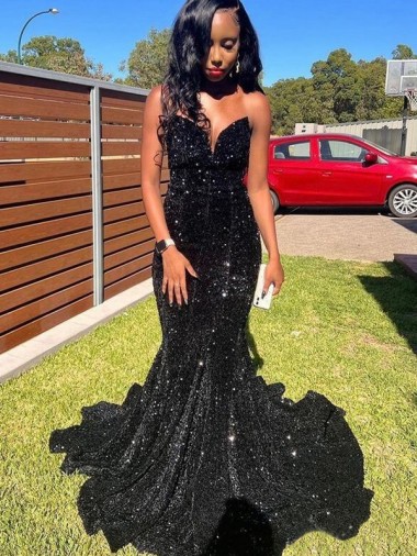 Magasins de Noir Sirène Paillettes Velours Longue Robes de bal