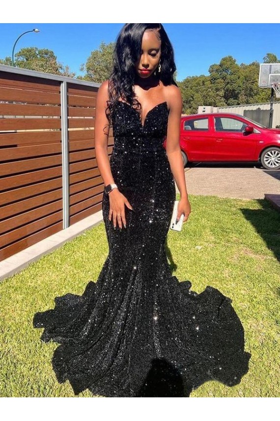 Magasins de Noir Sirène Paillettes Velours Longue Robes de bal