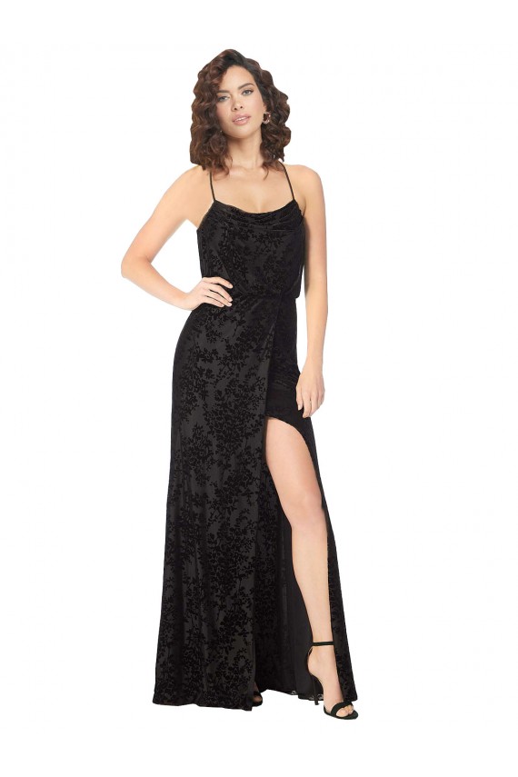 Magasins de Noir Trapèze Bretelles spaghetti Velours Floral Velours Stretch Longue Robes demoiselle d'honneur