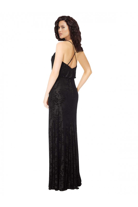 Magasins de Noir Trapèze Bretelles spaghetti Velours Floral Velours Stretch Longue Robes demoiselle d'honneur