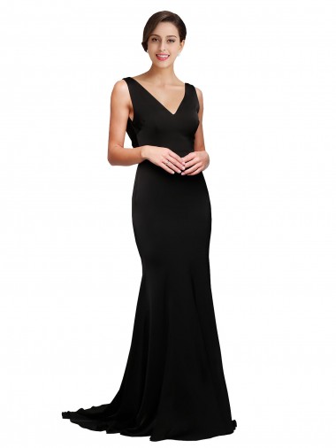 Magasins de Noir Trapèze Col V Balayage train Satiné Soyeux Longue Formelles Robes demoiselle d'honneur / Robes de soirée / Robes de bal