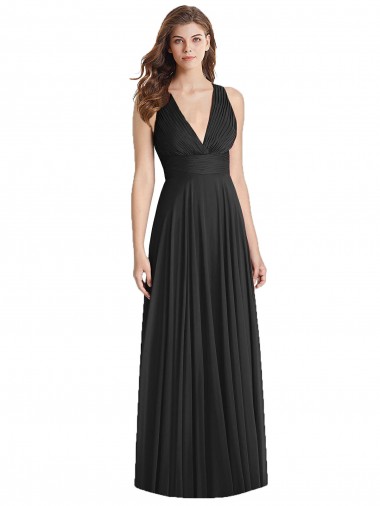 Magasins de Noir Trapèze Col V Mousseline Longue Robes demoiselle d'honneur