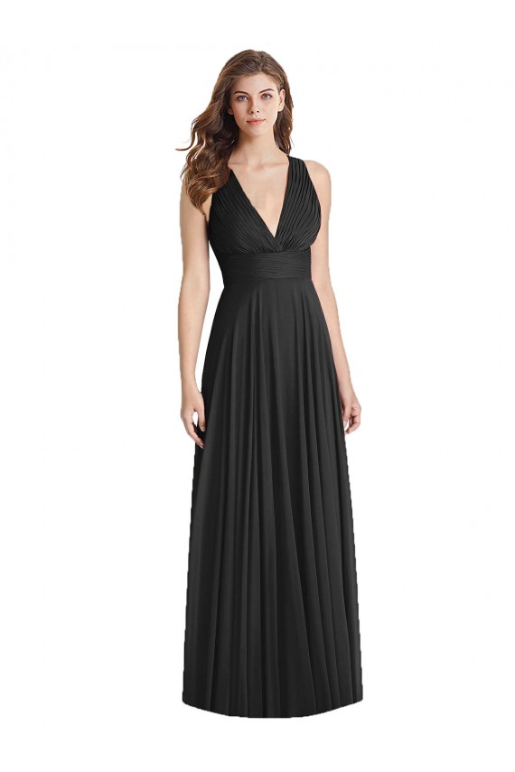 Magasins de Noir Trapèze Col V Mousseline Longue Robes demoiselle d'honneur