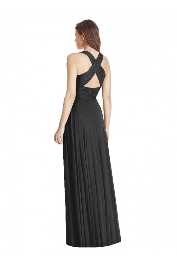 Magasins de Noir Trapèze Col V Mousseline Longue Robes demoiselle d'honneur