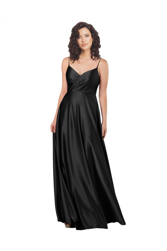 Magasins de Noir Trapèze Col V Satiné Soyeux Longue Formelles Robes demoiselle d'honneur / Robes de soirée / Robes de bal