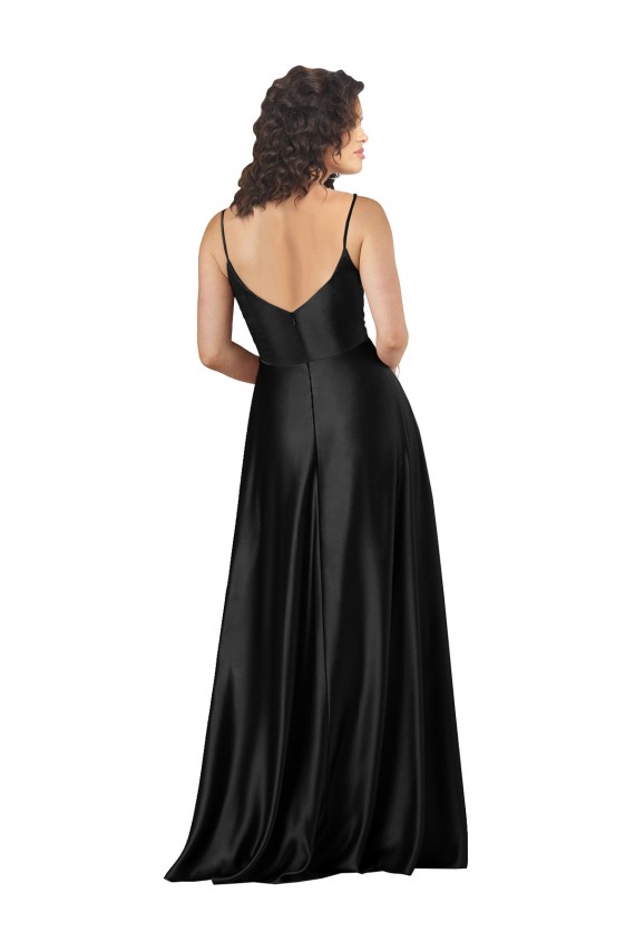 Magasins de Noir Trapèze Col V Satiné Soyeux Longue Formelles Robes demoiselle d'honneur / Robes de soirée / Robes de bal