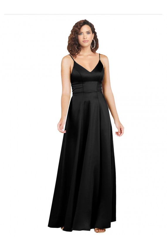 Magasins de Noir Trapèze Col V Satiné Soyeux Longue Formelles Robes demoiselle d'honneur / Robes de soirée / Robes de bal