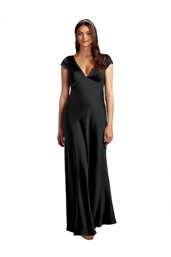 Magasins de Noir Trapèze Col V Satiné Stretch Longue Formelles Robes demoiselle d'honneur / Robes de soirée / Robes de bal