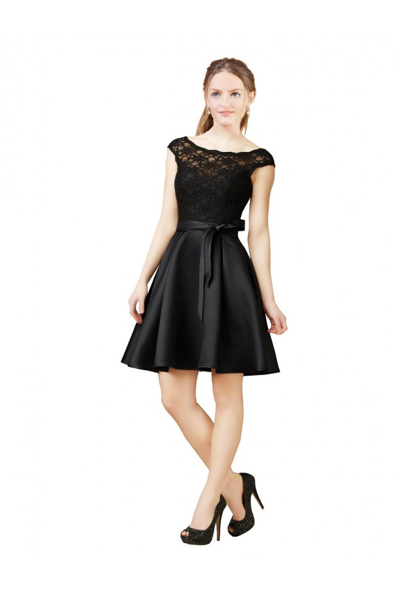 Magasins de Noir Trapèze Illusion Satiné Dentelle Courte Robes demoiselle d'honneur / Robes de cocktail
