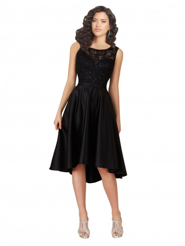 Magasins de Noir Trapèze Illusion midi Satiné Dentelle Courte Asymétrique Robes demoiselle d'honneur / Robes de cocktail