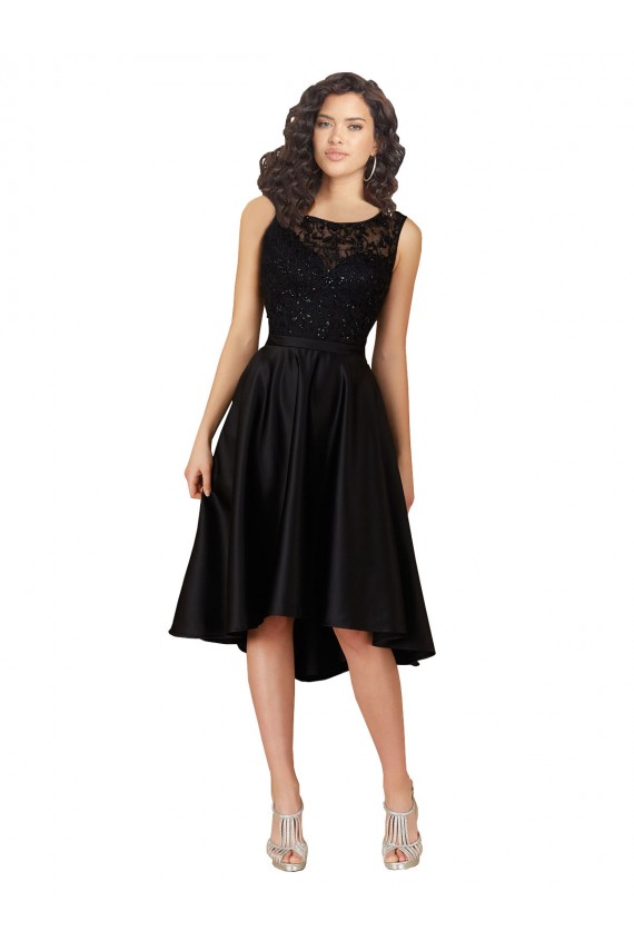 Magasins de Noir Trapèze Illusion midi Satiné Dentelle Courte Asymétrique Robes demoiselle d'honneur / Robes de cocktail