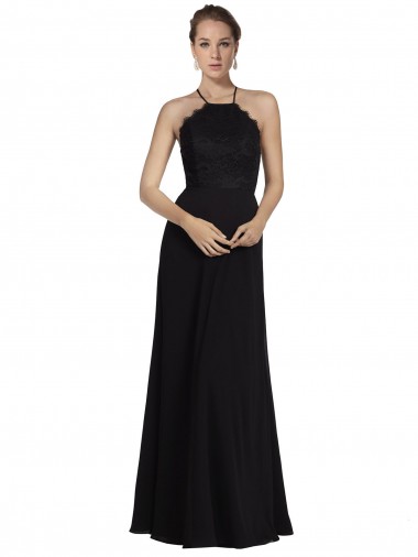 Magasins de Noir Trapèze Licou Mousseline Dentelle Longue Robes demoiselle d'honneur