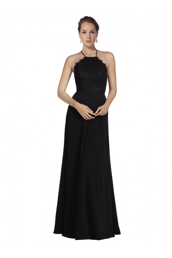 Magasins de Noir Trapèze Licou Mousseline Dentelle Longue Robes demoiselle d'honneur