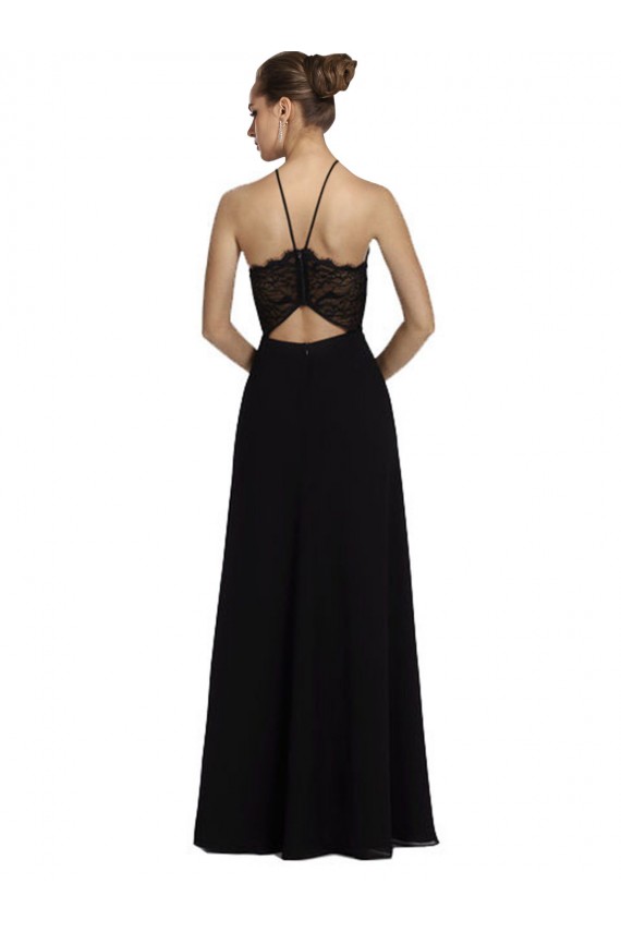 Magasins de Noir Trapèze Licou Mousseline Dentelle Longue Robes demoiselle d'honneur