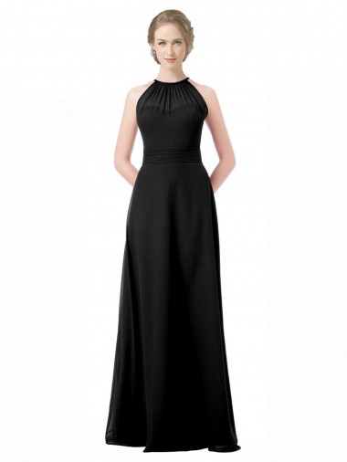 Magasins de Noir Trapèze Licou Mousseline Longue Robes demoiselle d'honneur