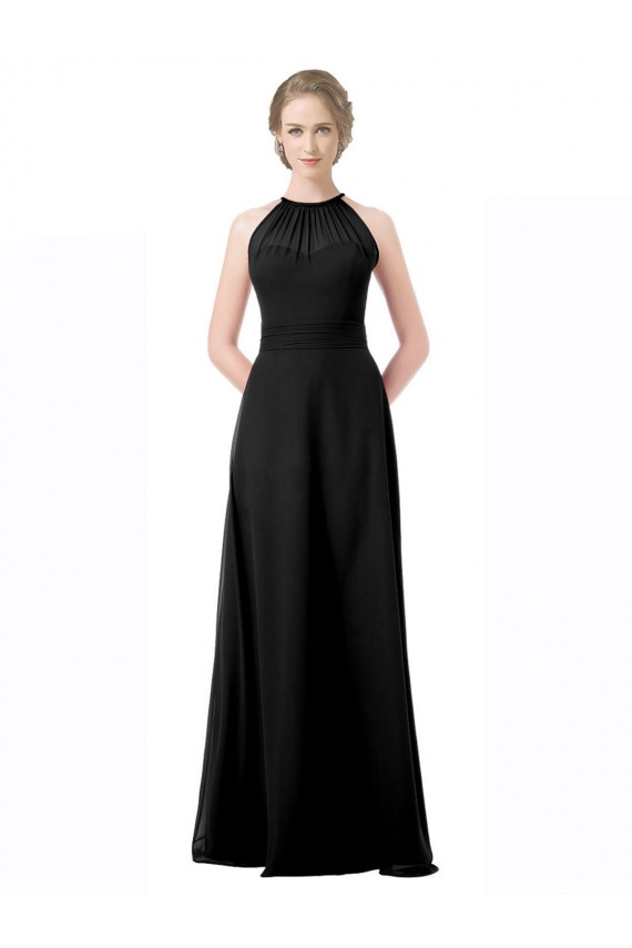 Magasins de Noir Trapèze Licou Mousseline Longue Robes demoiselle d'honneur