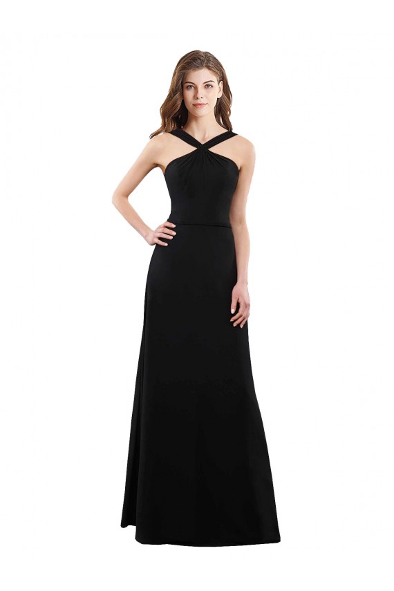 Magasins de Noir Trapèze Licou Mousseline Longue Robes demoiselle d'honneur
