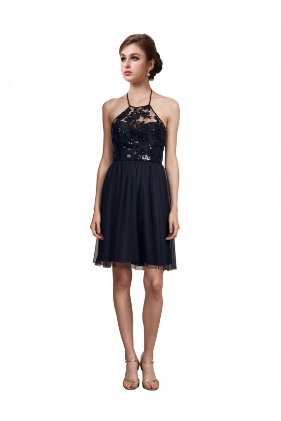 Magasins de Noir Trapèze Licou Tulle Courte Robes demoiselle d'honneur