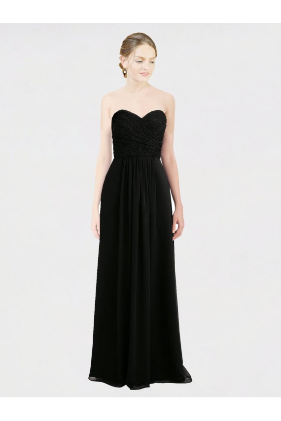 Magasins de Noir Trapèze Sans bretelle Mousseline Dentelle Longue Robes demoiselle d'honneur