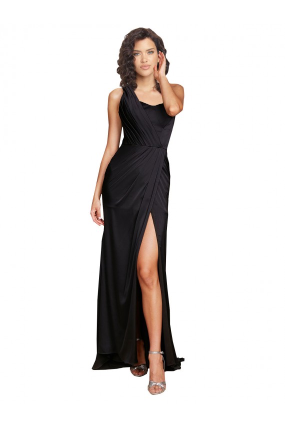 Magasins de Noir Trapèze Satiné Soyeux Longue Formelles Robes demoiselle d'honneur / Robes de soirée / Robes de bal