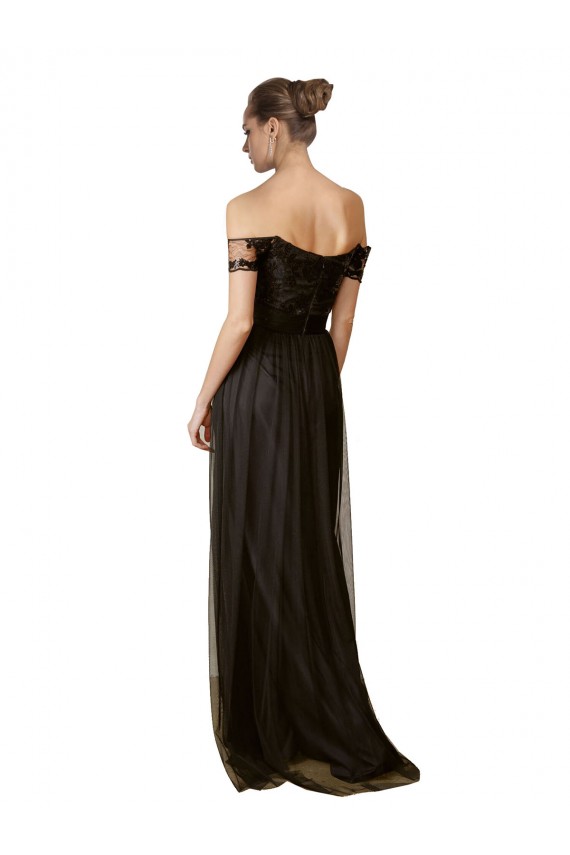 Magasins de Noir Trapèze Épaule Dénudée Tulle Paillette Longue Robes demoiselle d'honneur