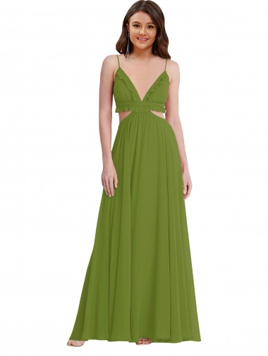 Magasins de Olive verte Trapèze Col V Mousseline Longue Robes demoiselle d'honneur