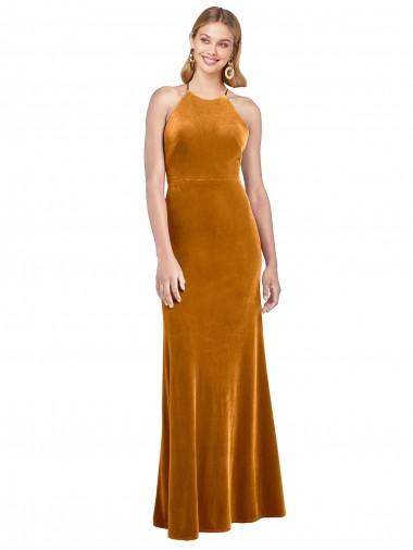 Magasins de Or Trapèze Licou Col Haut Velours Stretch Longue Formelles Robes demoiselle d'honneur / Robes de soirée / Robes de bal