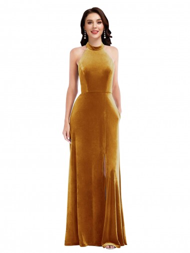 Magasins de Or Trompette Licou Col Haut Velours Stretch Longue Robes demoiselle d'honneur / Robes de bal