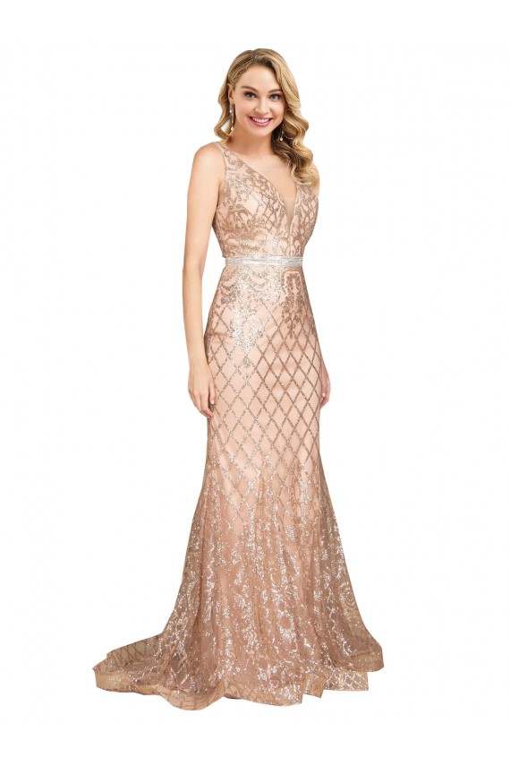 Magasins de Or rose Sirène Col V Paillette Paillettes Scintillantes Longue Formelles Robes demoiselle d'honneur / Robes de soirée / Robes de bal