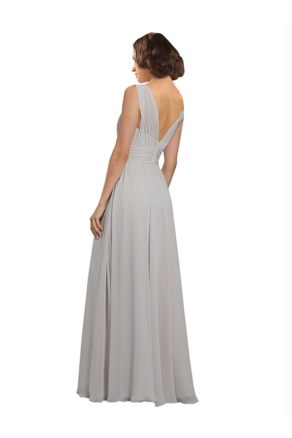 Magasins de Oyster Argent Trapèze Col V Mousseline Longue Robes demoiselle d'honneur
