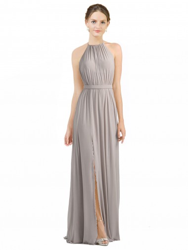 Magasins de Oyster Argent Trapèze Licou Mousseline Longue Robes demoiselle d'honneur