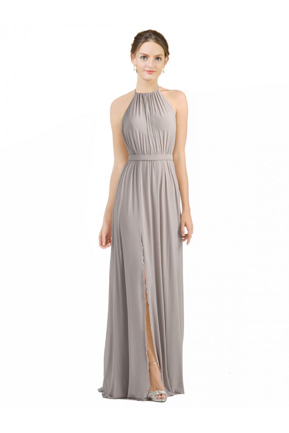 Magasins de Oyster Argent Trapèze Licou Mousseline Longue Robes demoiselle d'honneur