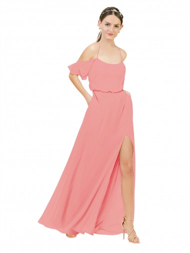 Magasins de Pastèque Trapèze Épaule Dénudée Mousseline Longue Robes demoiselle d'honneur