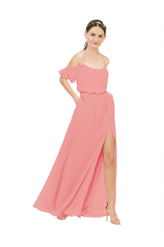 Magasins de Pastèque Trapèze Épaule Dénudée Mousseline Longue Robes demoiselle d'honneur