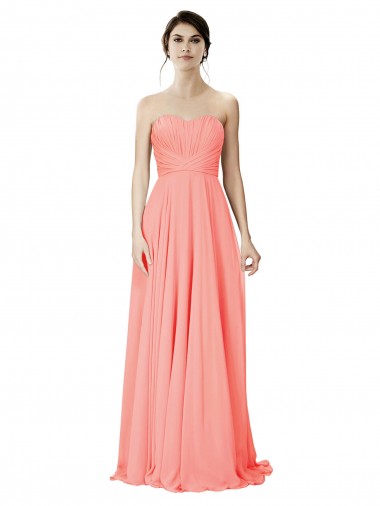 Magasins de Peach Trapèze Sans bretelle Mousseline Longue Robes demoiselle d'honneur