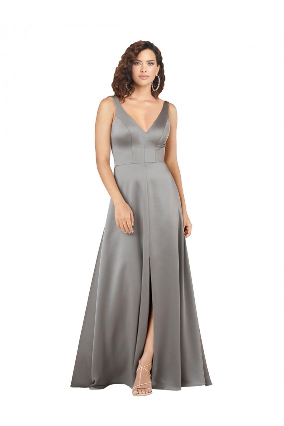 Magasins de Pearl Grey Trapèze Col V Satiné Soyeux Longue Formelles Robes demoiselle d'honneur / Robes de soirée / Robes de bal