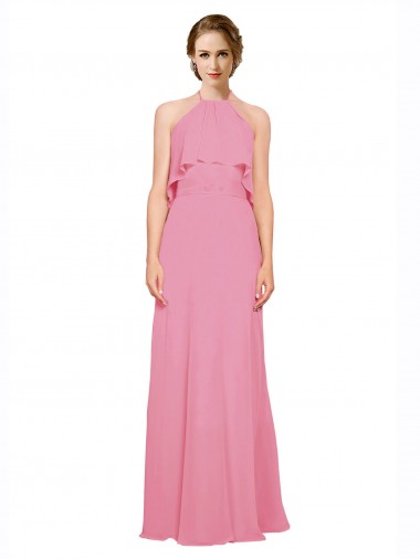 Magasins de Peau Rose Trapèze Licou Col Haut Mousseline Longue Robes demoiselle d'honneur